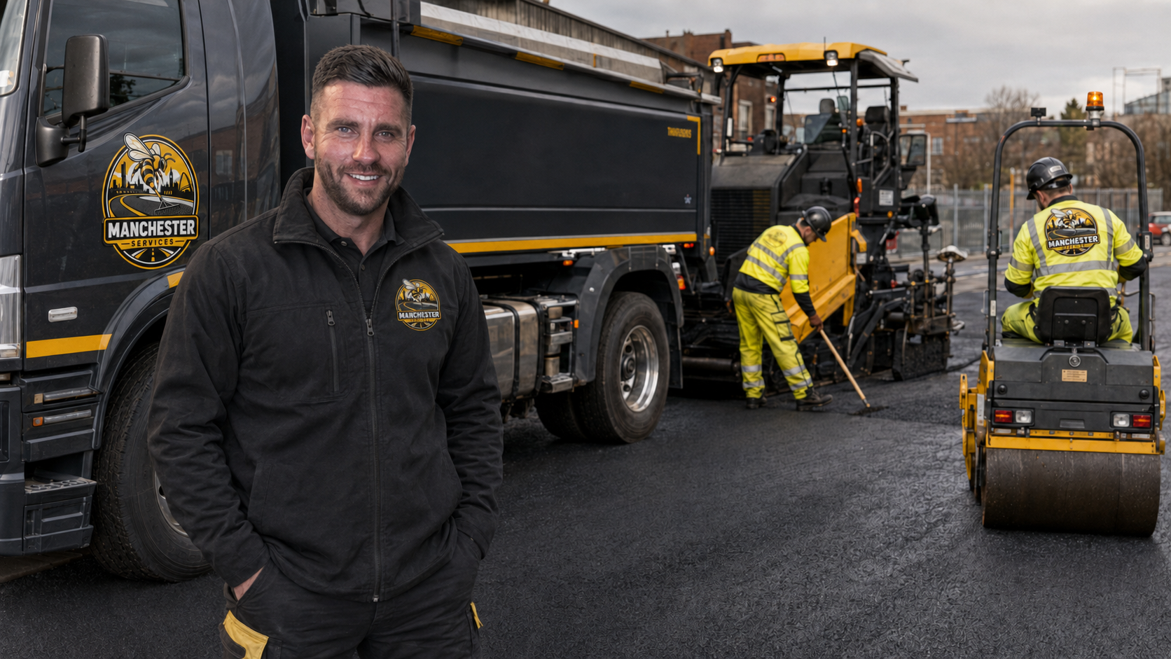 Promotional image of a member of the MCR Surfacing team with an illustrative surfacing crew and vehicles